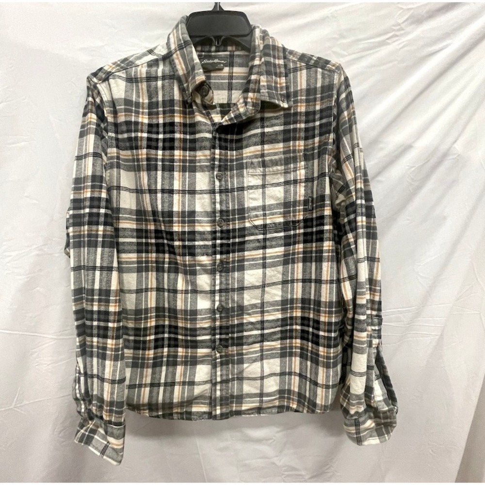 Eddie Bauer Mens Flannel Shirt Medium‎ Black White Tan Plaid Button Down Cotton